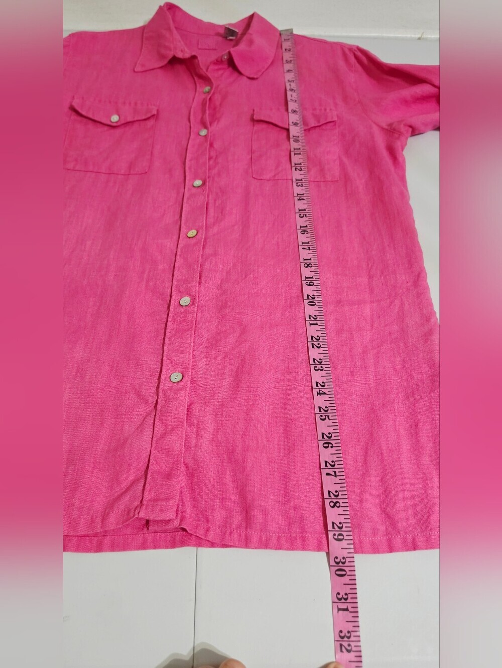 Chico’s Size Med Pink 100% Linen Button Front Shirt Tunic Long Sleeve Coastal - Picture 7 of 12